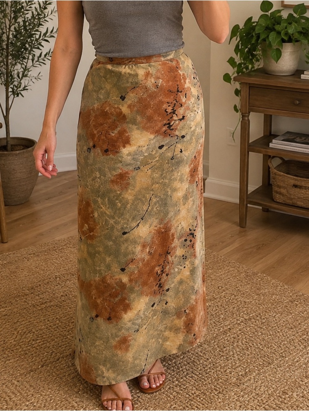60's NELLY DE GRAB asian watercolor painterly inspired print maxi skirt size 12